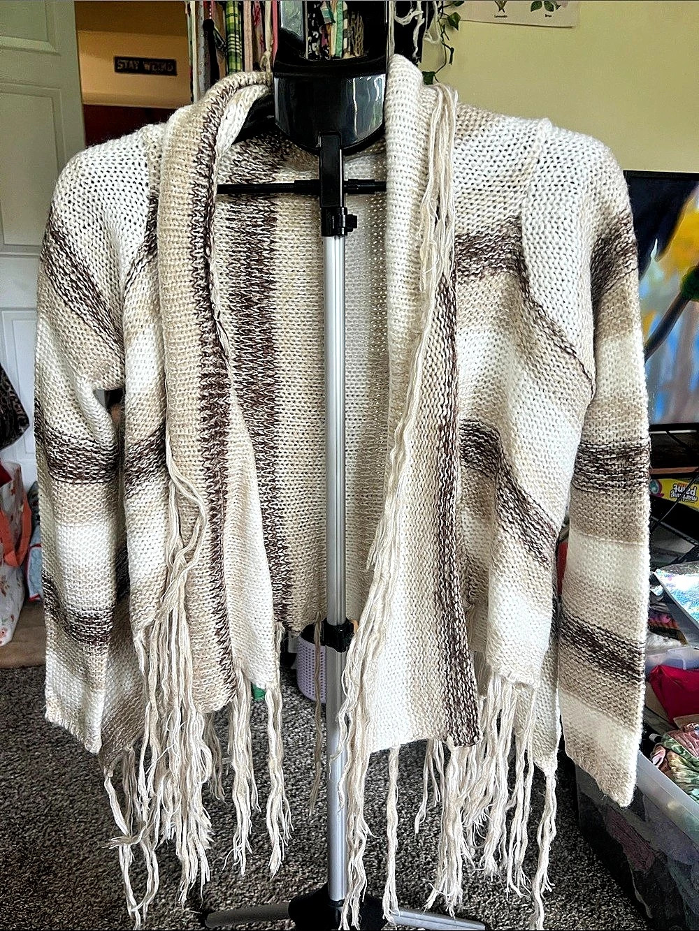 rue21 Striped Fringe Cardigan in Cream & Brown Size Medium